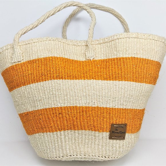Large natural sisal weaved basket tote bag, orange & natural beige, from Kenya - Picture 3 of 6